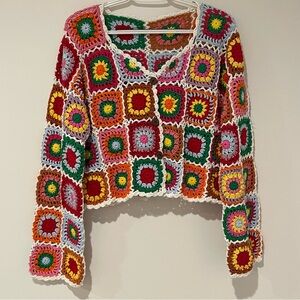 Crochet Granny Square Cardigan Sweater Knitted Patchwork Boho Festival Colorful